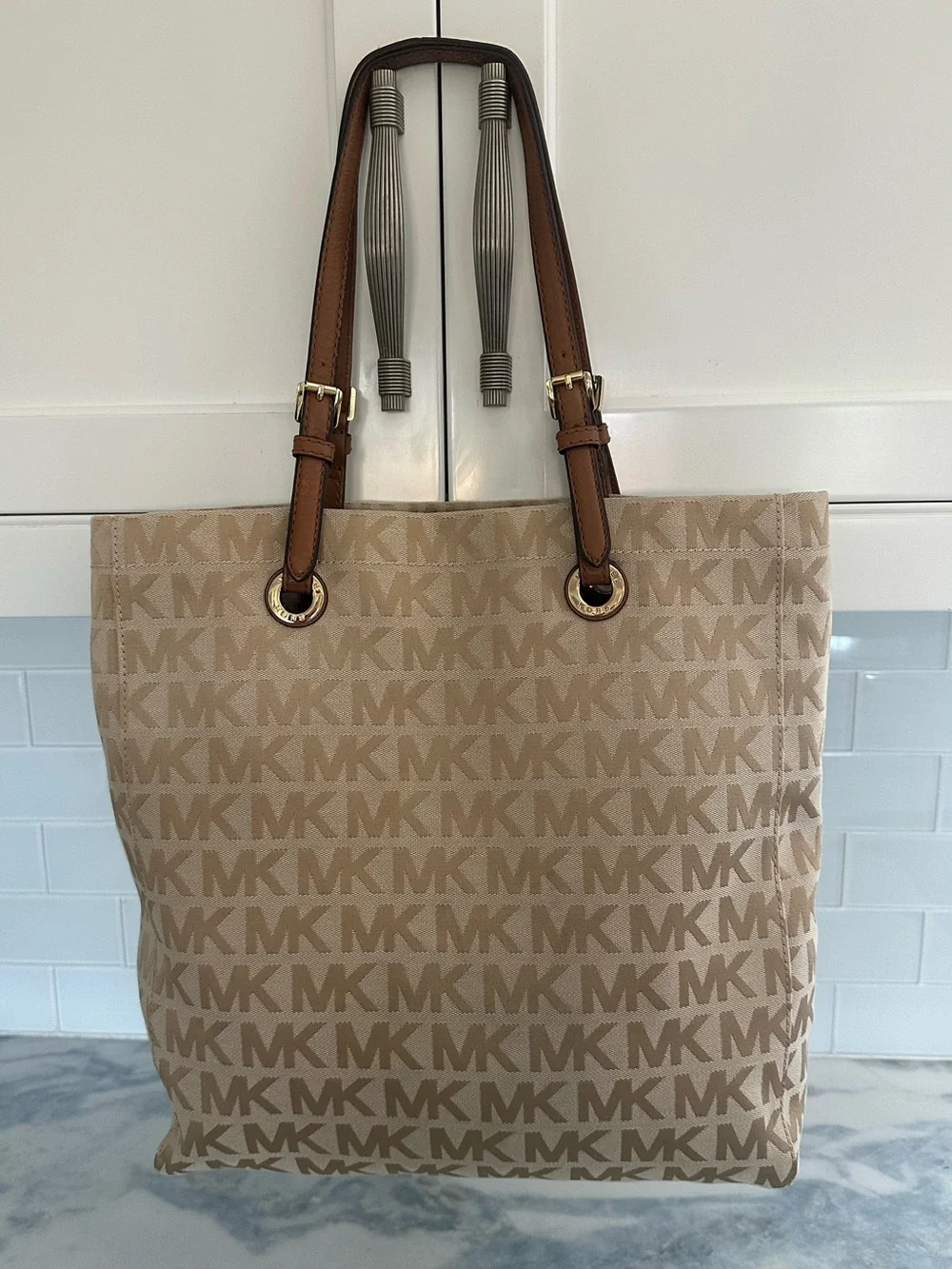 Michael Kors Jet Set Signature Tan and Brown MK Logo Shoulder Tote
